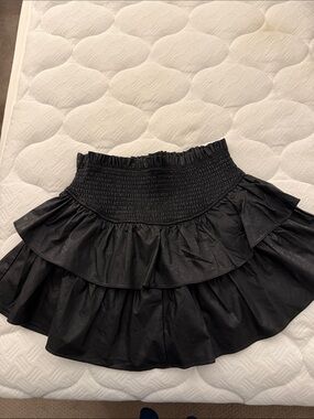 fab'rik Black Faux Leather Smocked Tiered Ruffle Mini Skirt